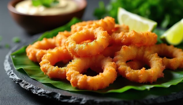 Golden fried calamari rings are stacked on a dark plate with green leaves. Lime slices and a dipping sauce are visible in the background, suggesting a delicious meal.