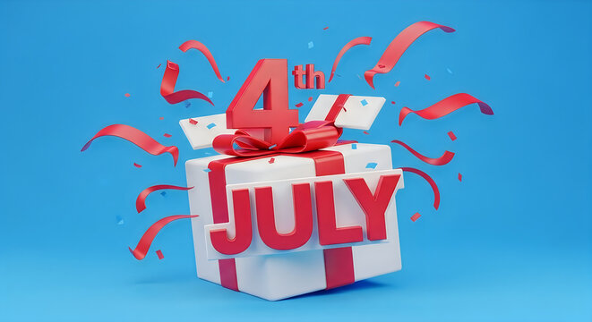 4th of july gift box with red ribbons and confetti