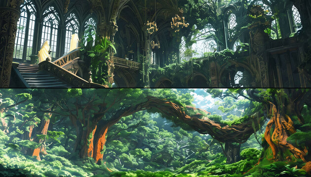 Immagine fantasy di un interno gotico che si contrappone ad un paesaggio da foresta incantata, Fantasy image of a Gothic interior contrasting with an enchanted forest landscape