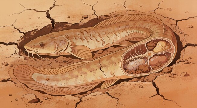 Scientific illustration of a lungfish estivating in cracked dry mud with anatomical cross-section view