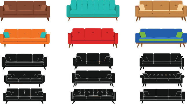 Colorful sofa icon collection in modern flat style with multiple couch variations for interior design use