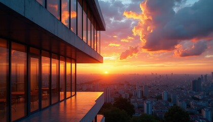 Obraz premium Modern building facade reflects vibrant sunset sky over cityscape. Glass windows mirror orange clouds and sun rays. City skyline fades into horizon at dusk, viewed from high vantage point.