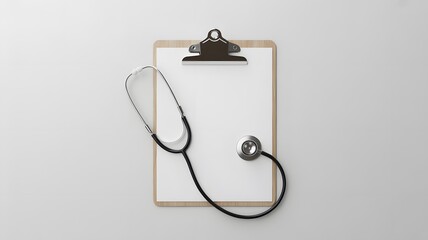 Fototapeta premium Healthcare Assessment: An overhead view of a clipboard with a stethoscope gracefully draped across its surface, symbolizing the core elements of medical evaluation and well-being.