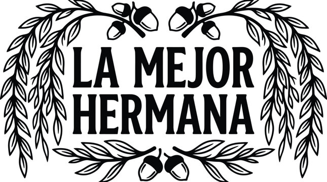 Black and white illustration with text La Mejor Hermana framed by branches and acorns best sister