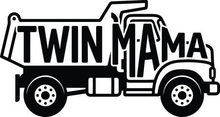 Black silhouette of a dump truck with the words TWINMAMA integrated into its design vehicle transportation © Kosain