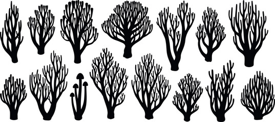 Collection of black silhouette coral branches and mushroom shapes on white background © GT Designs