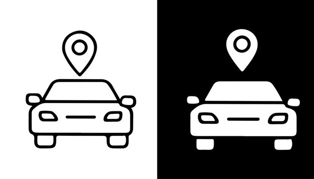 Car with Location Pin GPS Tracking Navigation Line Icon Vector Set Black and White Icon
