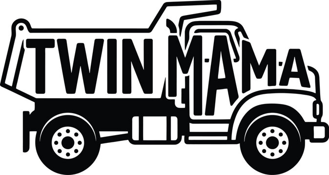 Black silhouette of a dump truck with the words TWINMAMA integrated into its design vehicle transportation