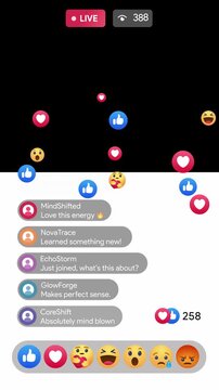 Facebook livestream interface animation with hearts, comments, LIVE badge, heart fountain and chat UI. Vertical smartphone interface overlay. Transparent background