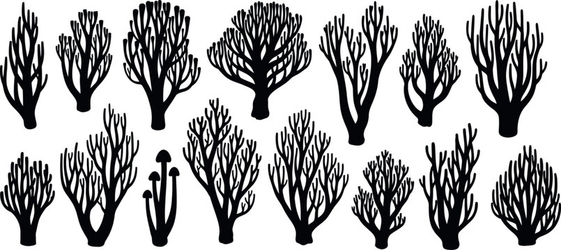 Collection of black silhouette coral branches and mushroom shapes on white background