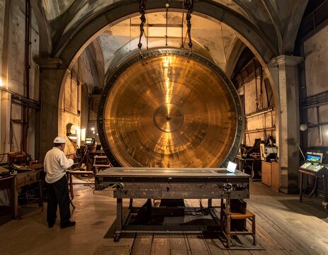 Spectacular cinematic photography of a massive ancient golden brass gong standing majestically inside a dark traditional temple archway.
