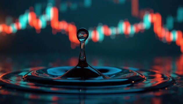 Dark water drop reflects stock market chart. Financial graph shows red and green candles. Abstract concept of investment risk crisis and uncertainty.