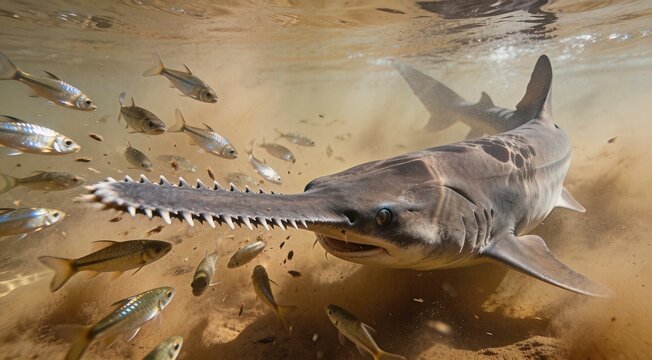 Underwater View of a Large Sawfish Hunting Through a School of Small Fish