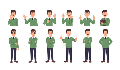 Young businessman character vector set in casual green sweater with greeting ok sign thumbs up and celebrating poses in modern flat style isolated on white background © Forhad
