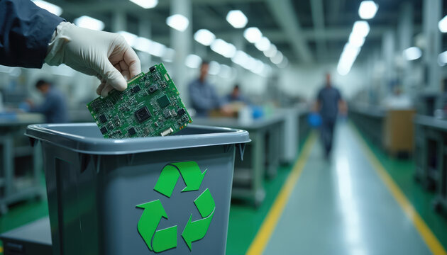 Gloved hand puts circuit board into bin with recycling symbol. Electronics factory workers sort e-waste for disposal. Industry recycles tech components and computer parts.