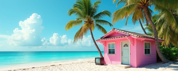 Obraz premium Pink beach house under palm trees by turquoise ocean water. White sand shore, blue sky with clouds. Tropical island dwelling offers serene vacation escape. Idyllic coastal scene.