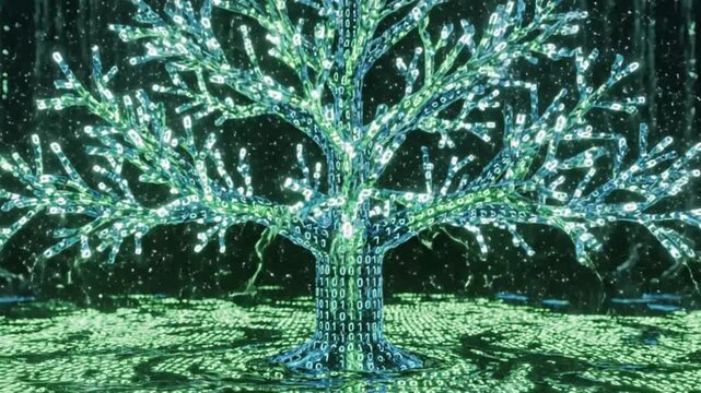 Digital Tree of Life Futuristic Abstract Tree Made of Glowing Binary Code