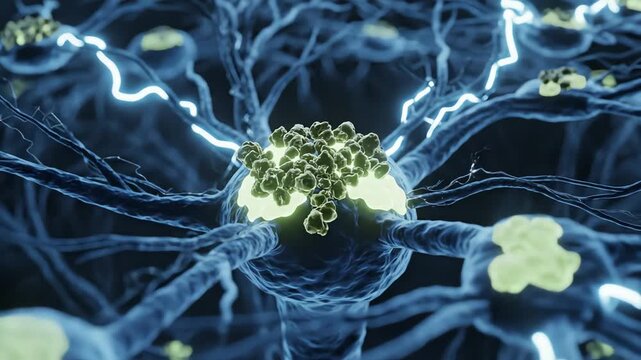 Beta-amyloid aggregation represented as softly glowing patches forming between neurons. They do not cause rupture or destruction; instead, they gently obstruct electrical light waves 