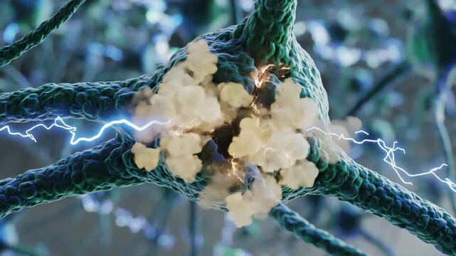 Inside the hippocampal neural network, where healthy neurons glow with rhythmic electrical pulses. A subtle region shows dimmer, slower signal flow as proteins accumulate between synapses like soft