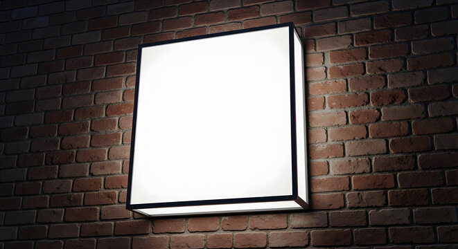 A large, empty white picture frame on a brick wall with a black border and brick background.