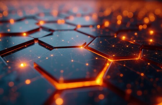 Abstract close-up of glowing orange hexagonal grid with connecting dots. Futuristic digital network pattern pulses with bright light. Technology data science concept, AI brain structure.