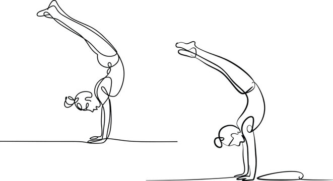 Female gymnast handstand sequence, continuous line drawing, yoga balance pose, minimalist fitness illustration, graceful body movement art &ndash; vector illustration