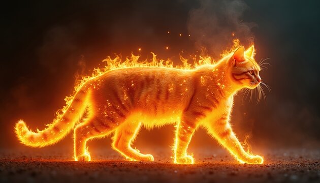 Orange cat walks on ground with fire all over its body. Flames surround animal. Creature has determined look. Cat moves with confidence. Dark background with smoke effects. This image shows power.