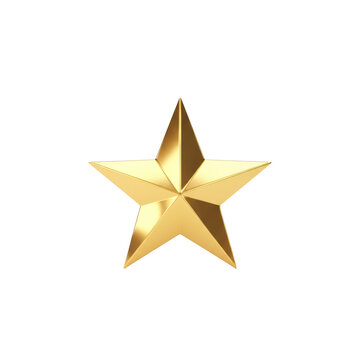 Polished golden five-pointed star with beveled edges and reflective metallic surface isolated on a transparent studio background, elegant luxury holiday symbol