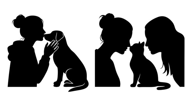 Woman and pet silhouette icon set, dog and cat love, white background, vector Illustration