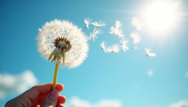 Woman hand holds fluffy dandelion seed head. Wind blows seeds across blue sky with bright sun. Represents nature renewal growth and freedom concept.