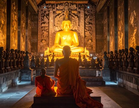 A Buddhist monk meditating in quiet devotion before a grand illuminated golden Buddha statue in a hall