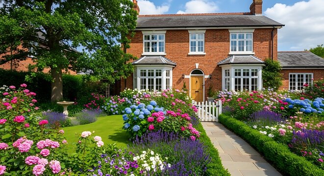 Charming suburban home with blooming garden landscape