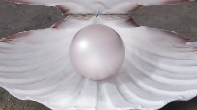 White seashell opens on sand revealing glossy pearl under soft light with smooth reflection on surface