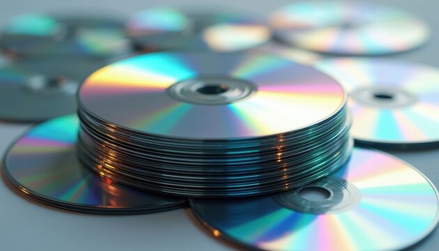 Stack of blank CDs and DVDs on white background. Shiny optical discs represent data storage, computer tech, software, and digital information for archiving or backup purposes.