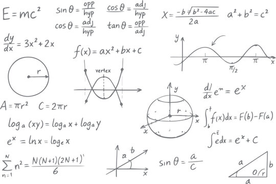 Seamless hand drawn chemistry and physics pattern featuring mathematical equations and science formulas sketched on a blackboard for education design