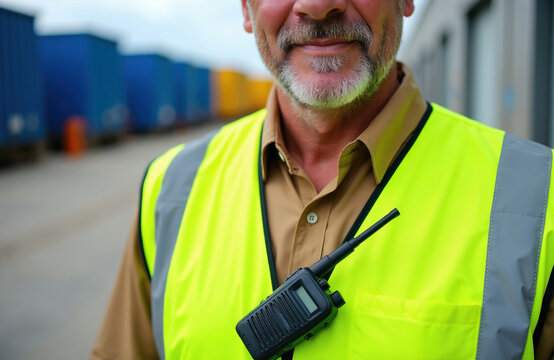 Man wears hi-vis vest and radio. He works outdoors in industrial area. Security guard checks site, maintains order and safety. Experienced worker controls logistics.