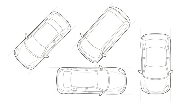 Top View Cars and Vehicles Set Hand Drawn Architectural Plan Style Thin Line Minimal Clean Vector Illustration