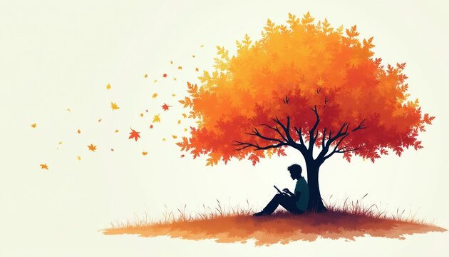Man sits under autumn tree using tablet device. Leaves fall from branches in wind. Person relaxes outdoors on grass, enjoying nature with tech.
