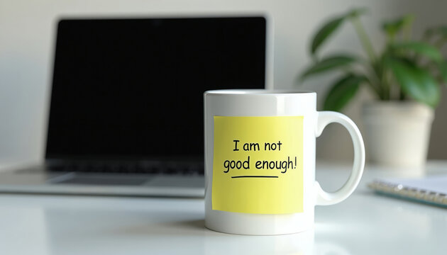 White mug with yellow sticky note that says I am not good enough. Laptop and plant in background. Desk setting symbolizes work stress or self doubt. Negative thought.
