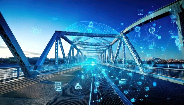 Futuristic bridge with digital overlay showcasing smart city technology.