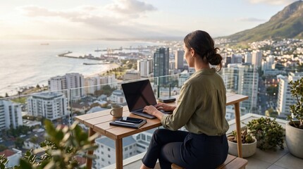 Fototapeta premium Woman working on laptop computer at balcony table with scenic city skyline and ocean view background representing remote work lifestyle and digital nomad concept.