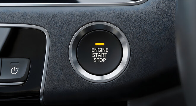 Close-up view of a car's engine start button with a black and grey interior