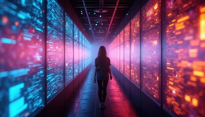 Fototapeta premium Woman walks down glowing corridor filled with digital data screens. Futuristic path shows colorful information streams. Female explores abstract tech network, learning future.