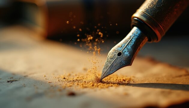 Ornate vintage fountain pen tip touches aged paper scattering particles. Soft cinematic light creates warm glow on antique writing instrument, textured surface. Nostalgic scene implies creation