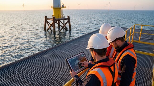 Engineers monitoring offshore wind turbine performance on platform, renewable energy maintenance team using tablet for data analysis and inspection of ocean power station