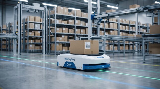 Autonomous mobile robot transporting cardboard box in automated smart warehouse, logistics and supply chain technology concept