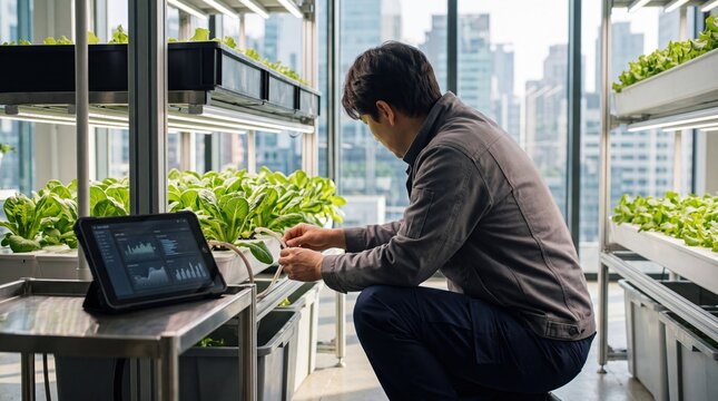 Urban farmer tending hydroponic lettuce crops in vertical farming greenhouse, using tablet to monitor plant growth data in modern sustainable agriculture city setting.