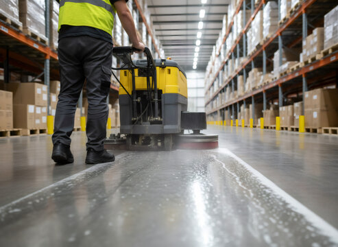 Cleaner using industrial floor scrubber machine in warehouse. Man washing concrete floor with heavy cleaning equipment. Professional maintenance and sanitation service in storage facility.