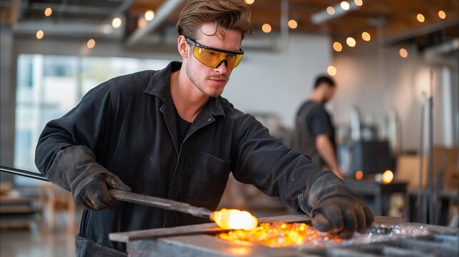 Artisan glassblower in protective goggles gathers molten amber glass from a furnace mouth, glowing gather reflected in the polished concrete floor, assistant standing by with shaping tools, perfect