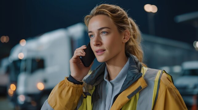 A loading dock manager radios for backup as a misaligned truck causes a bottleneck at a rain-soaked freight hub, urgency visible across the team behind her, ideal for loading dock operations,